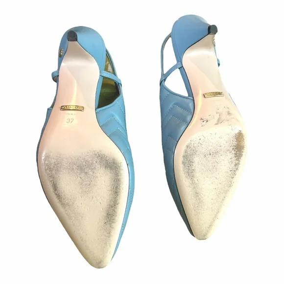 GUCCI Blue Matelasse Slingback Charlotte Heel EU 37 US 7 GG Logo Quilted Kitten